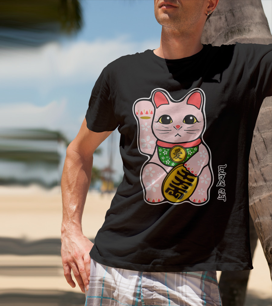 Lucky Cat Manekineko Japanese Love Prosperity Symbol Icon Floral T-Shirt