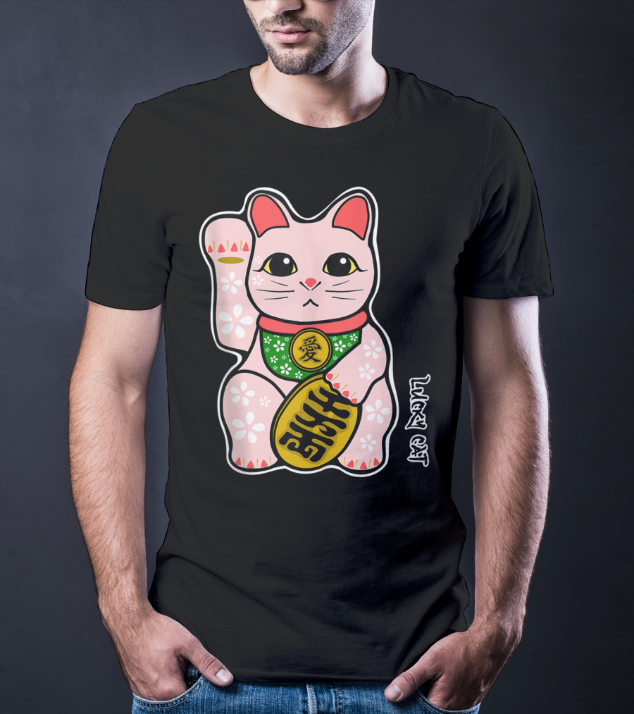 Lucky Cat Manekineko Japanese Love Prosperity Symbol Icon Floral T-Shirt
