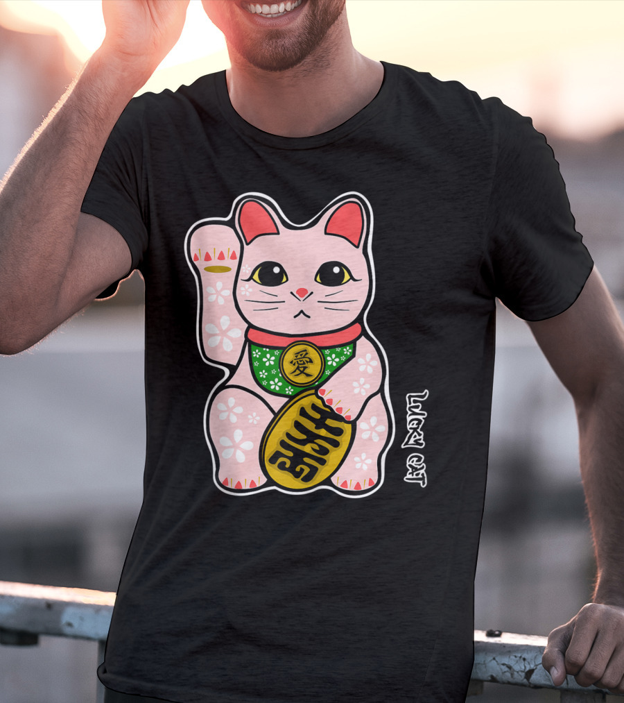 Lucky Cat Manekineko Japanese Love Prosperity Symbol Icon Floral T-Shirt