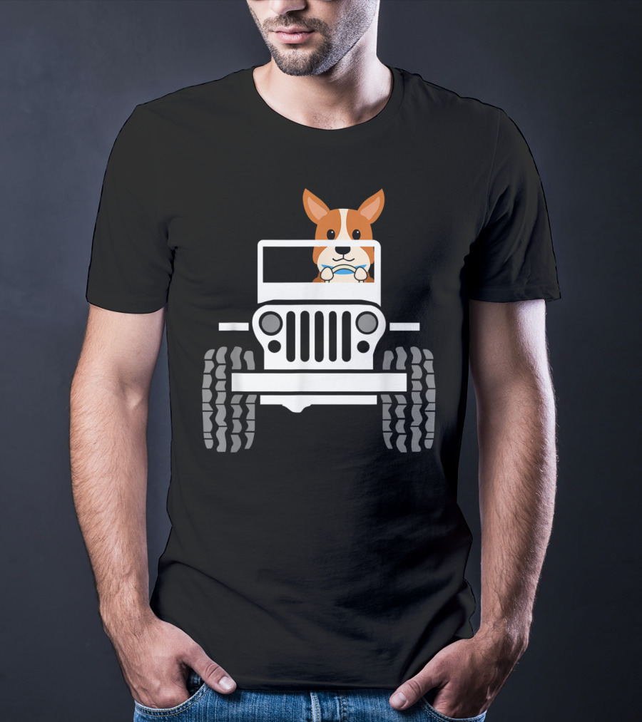 Mens Funny Cute Corgi Jeep Dog T-Shirt