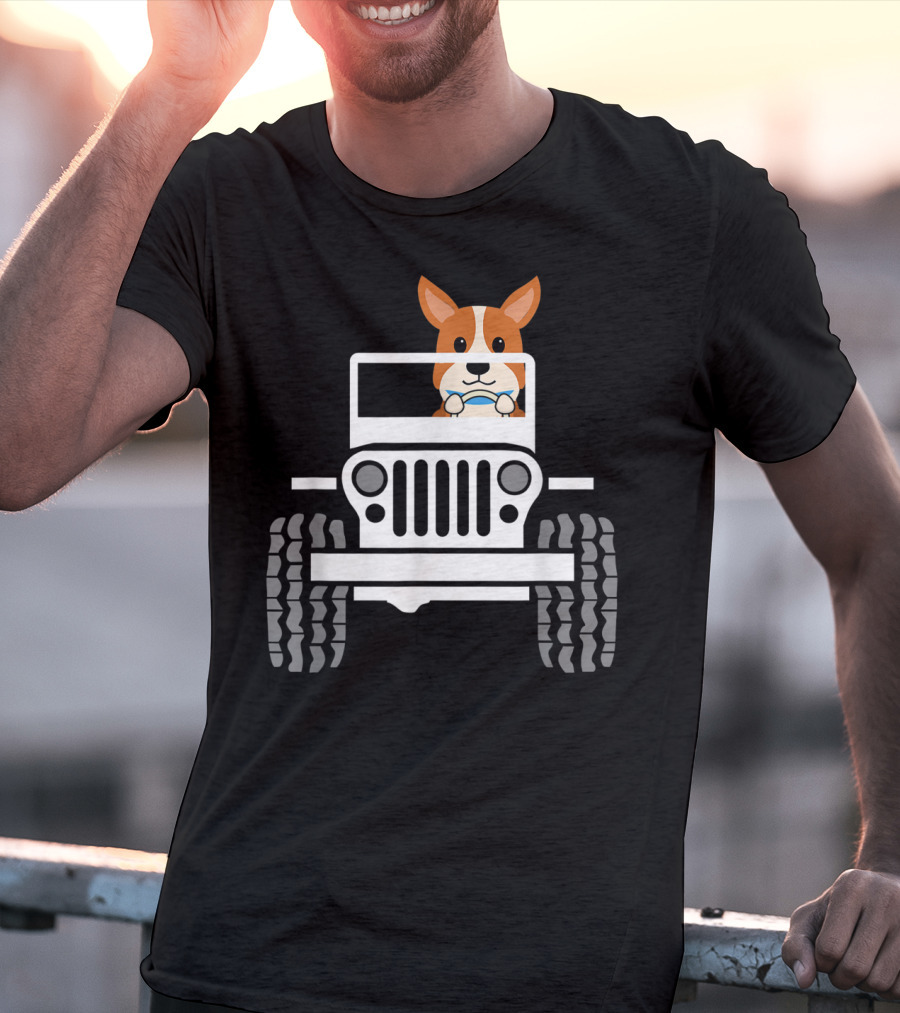 Mens Funny Cute Corgi Jeep Dog T-Shirt