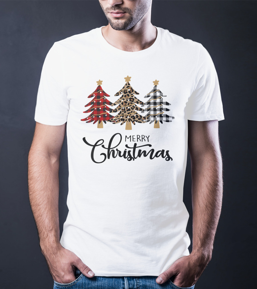 Merry Christmas Plaid Leopard Trees T-Shirt