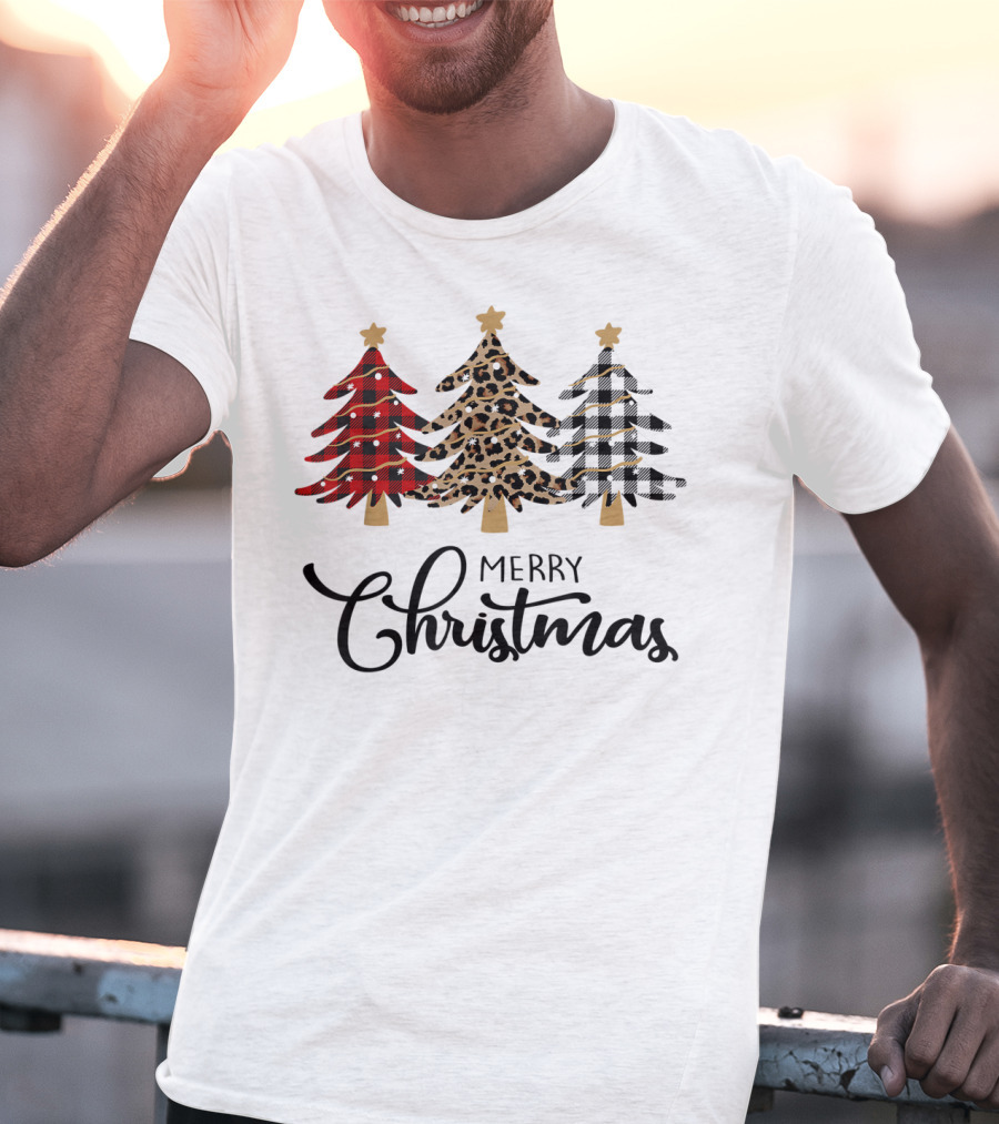 Merry Christmas Plaid Leopard Trees T-Shirt