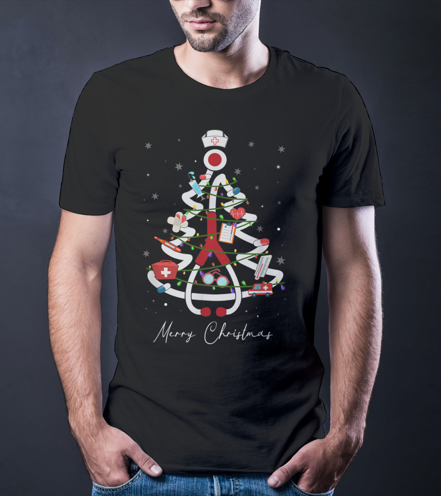 Merry Christmas Nurse Stethoscope Xmas Tree Medical Holiday Decorations T-Shirt