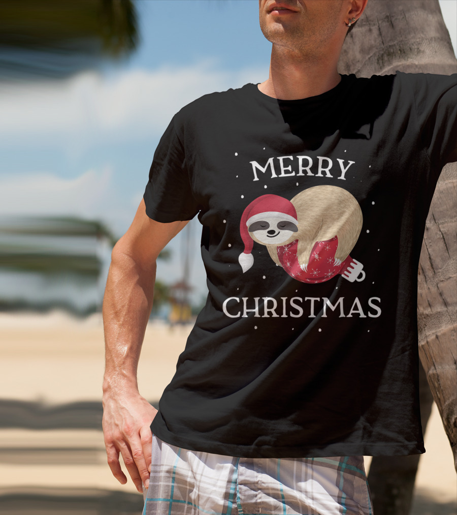 Merry Christmas Sloth Santa Hat Snowflakes T-Shirt