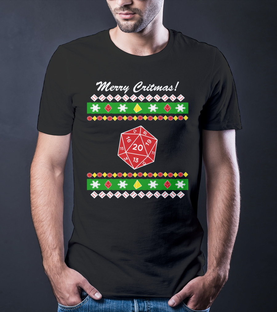 Merry Critmas 20-Sided Dice Dungeon Holiday Game Snowflakes T-Shirt