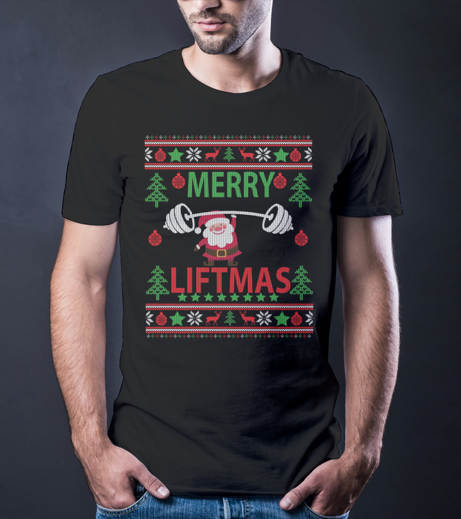 Merry Liftmas Santa Lifting Weights Ugly Christmas T-Shirt