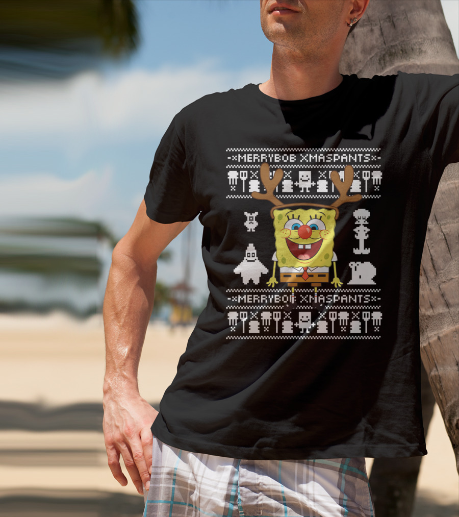 Merrybob Xmaspants Ugly Xmas SpongeBob Reindeer Pixel T-Shirt