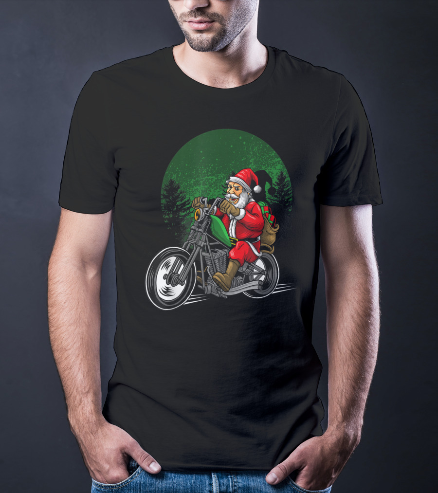 Motorcycle Santa Riding Through Festive Forest T-Shirt