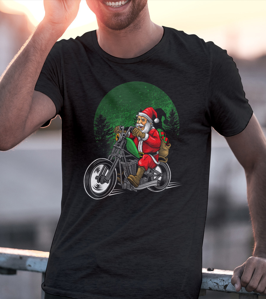 Motorcycle Santa Riding Through Festive Forest T-Shirt