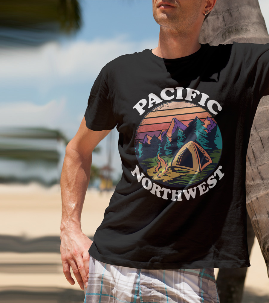Pacific Northwest Camping Tent Campfire Forest Scene T-Shirt