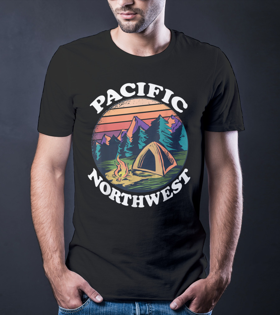 Pacific Northwest Camping Tent Campfire Forest Scene T-Shirt