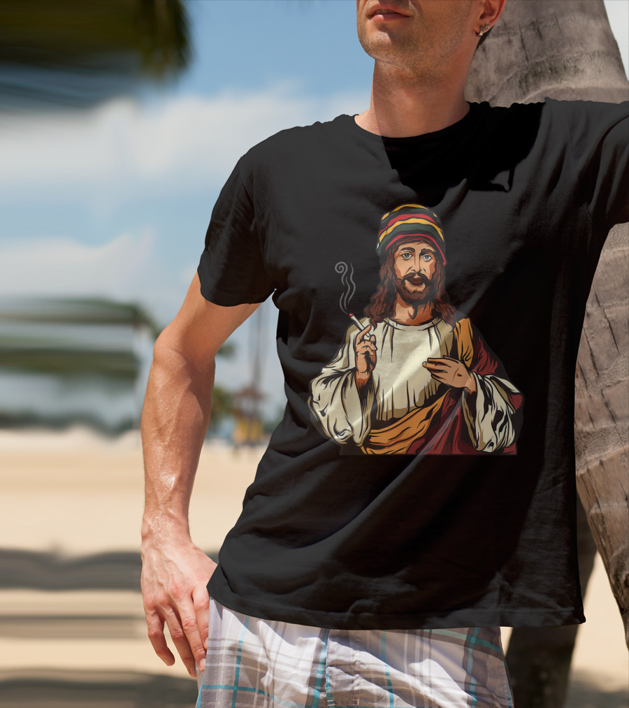 Pot Smoking Jesus Christ Cannabis Weed Rasta Hat Smoking Joint T-Shirt