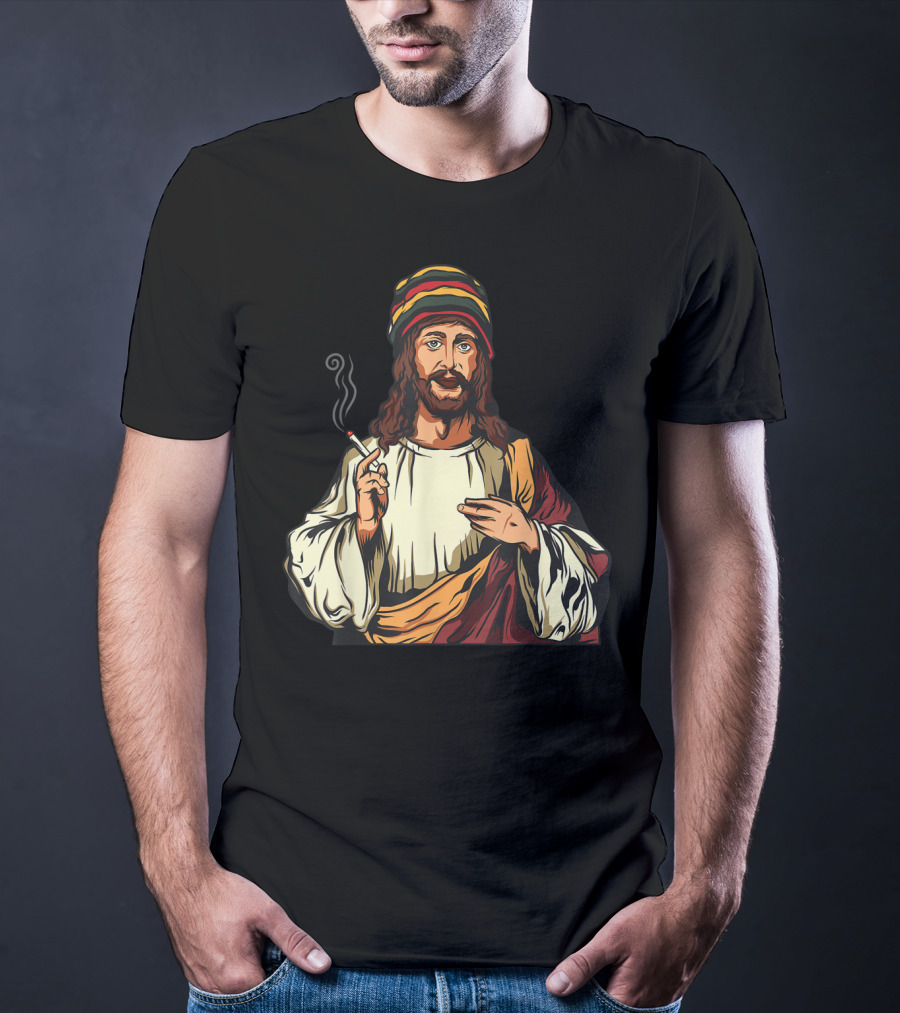 Pot Smoking Jesus Christ Cannabis Weed Rasta Hat Smoking Joint T-Shirt