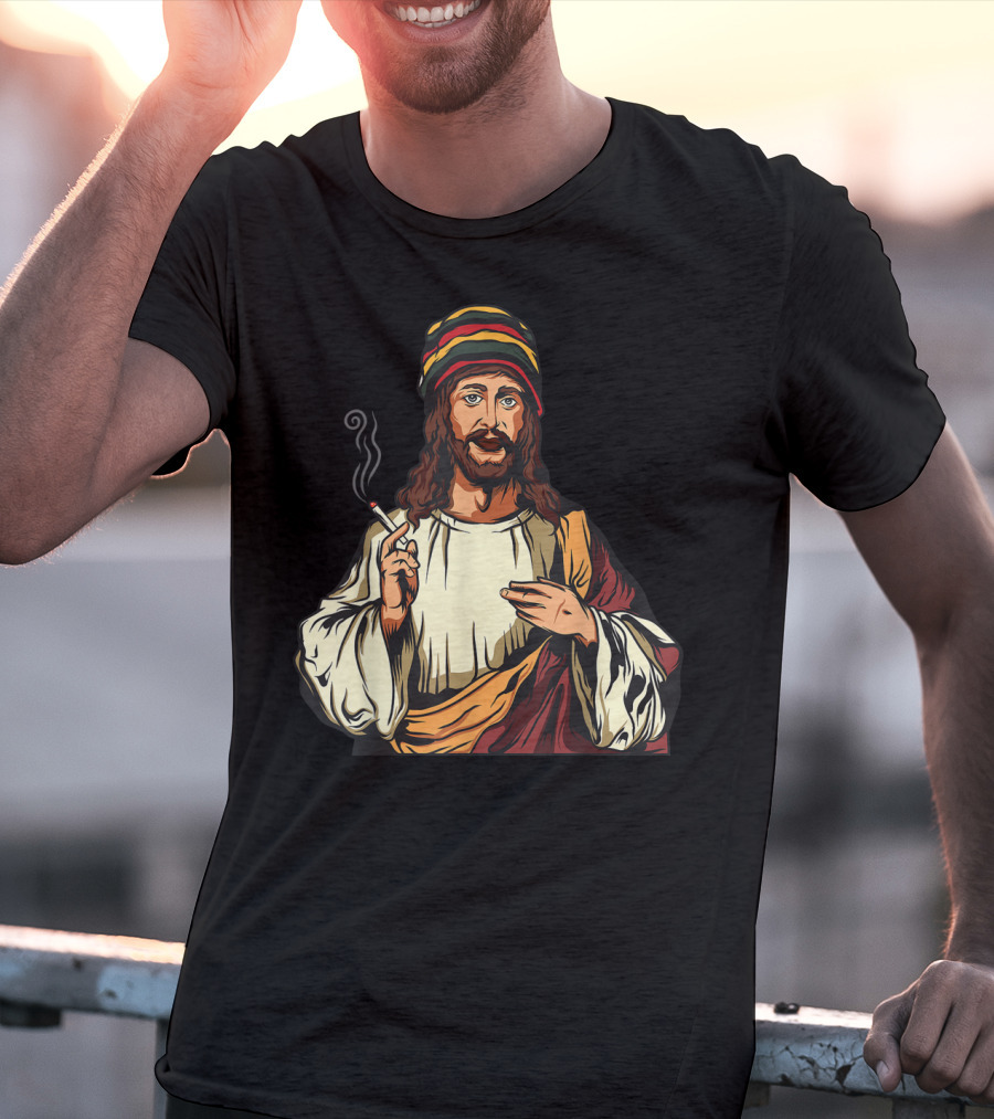 Pot Smoking Jesus Christ Cannabis Weed Rasta Hat Smoking Joint T-Shirt