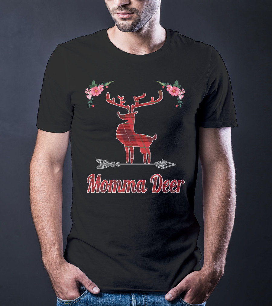 Red Plaid Momma Deer Buffalo Reindeer Floral T-Shirt