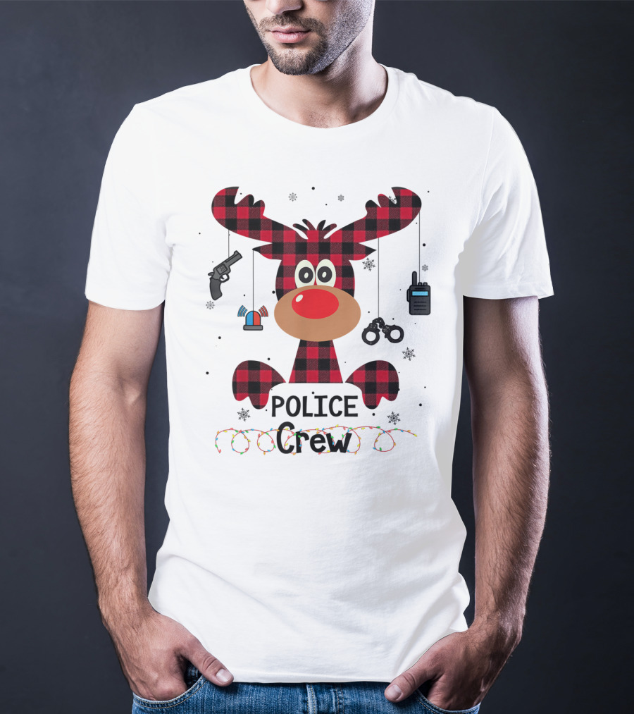 Red Plaid Reindeer Face Police Crew With Holiday Lights And Law Enforcement Icons T-Shirt