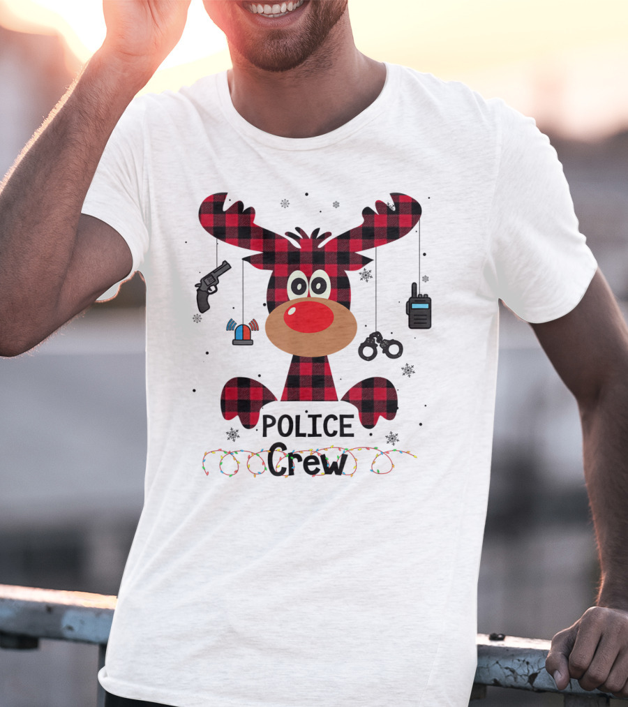 Red Plaid Reindeer Face Police Crew With Holiday Lights And Law Enforcement Icons T-Shirt