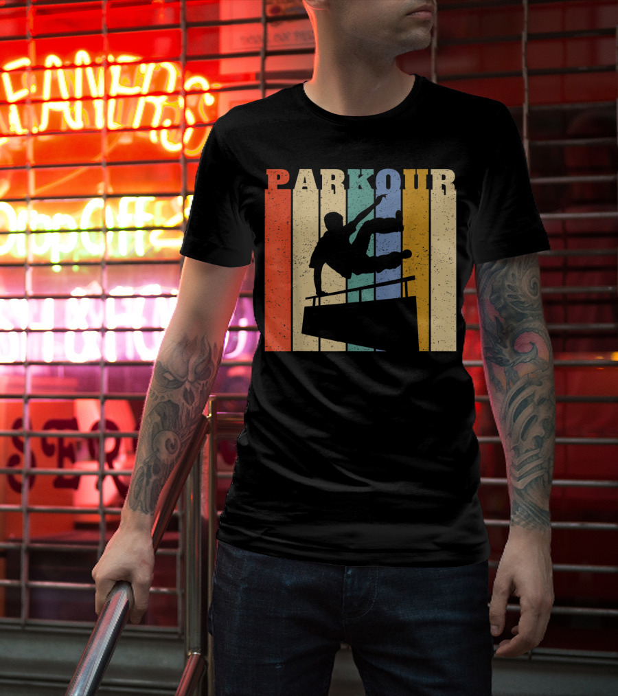 Retro Parkour Silhouette Against Striped Vintage Backdrop T-Shirt