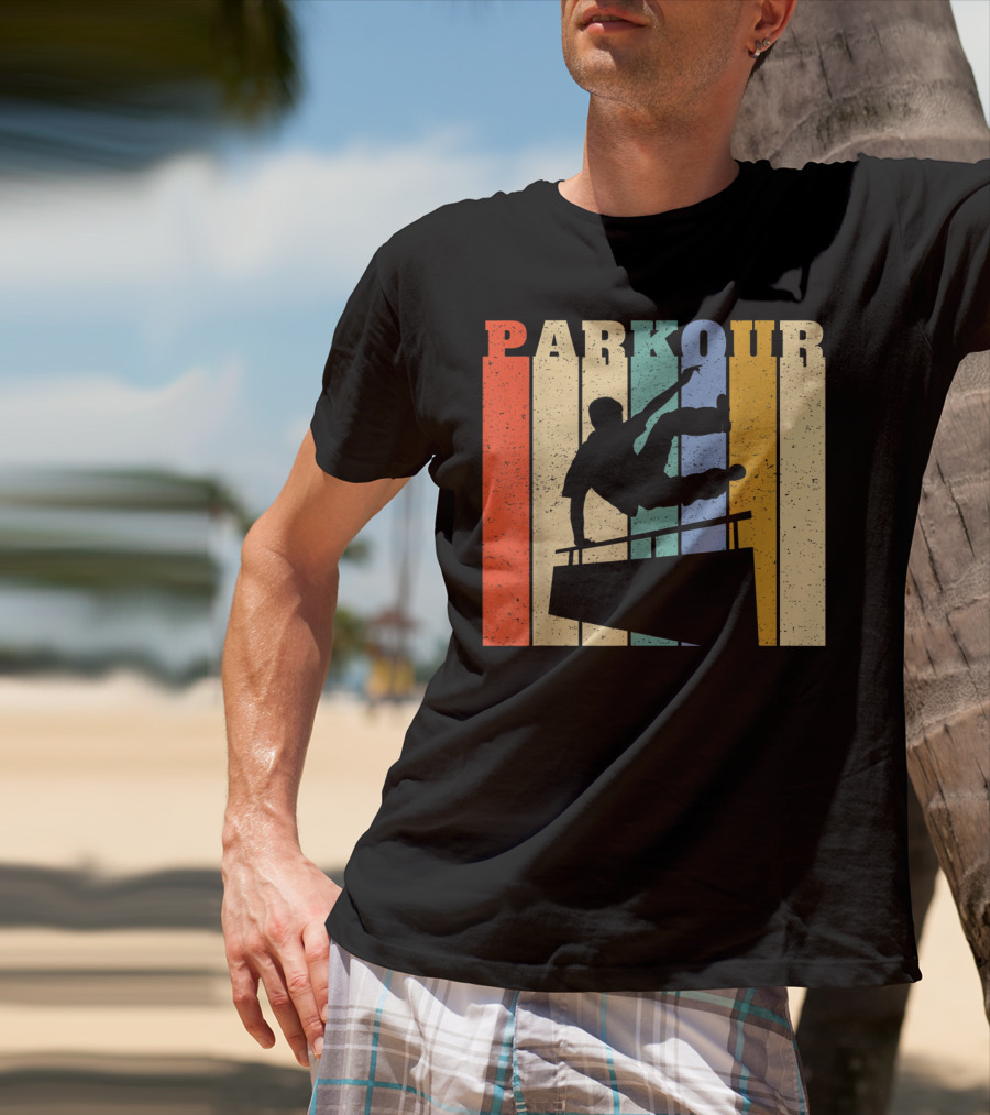 Retro Parkour Silhouette Against Striped Vintage Backdrop T-Shirt