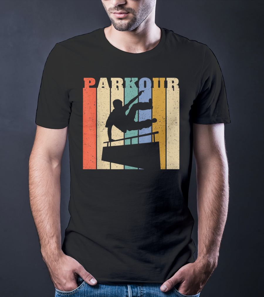 Retro Parkour Silhouette Against Striped Vintage Backdrop T-Shirt