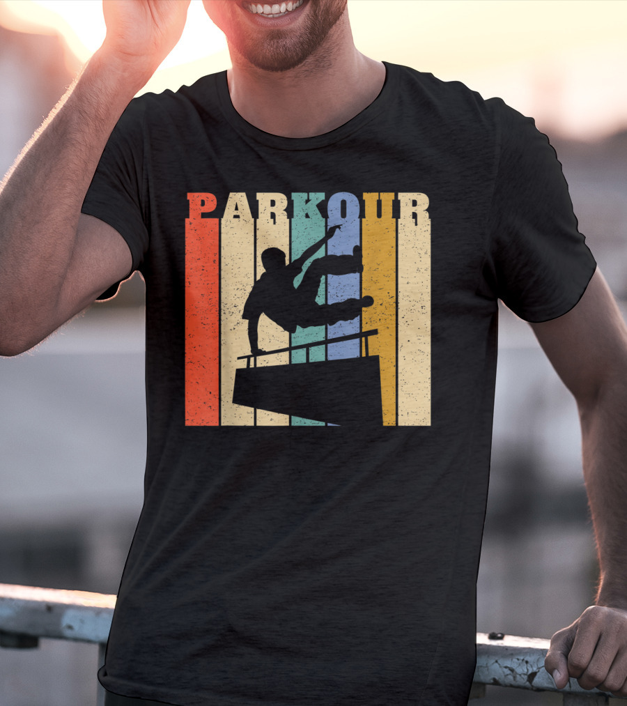 Retro Parkour Silhouette Against Striped Vintage Backdrop T-Shirt