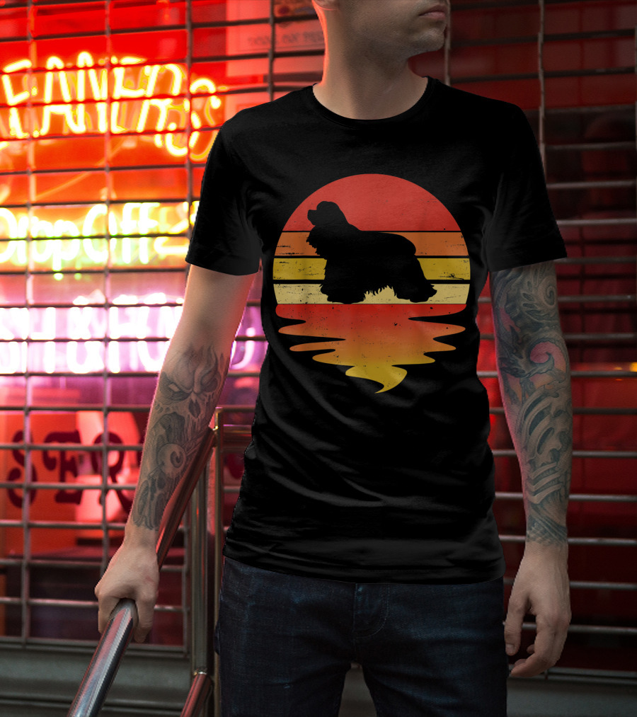 Retro Sunset Cocker Spaniel Silhouette Vintage 70s Style Dog Scene T-Shirt