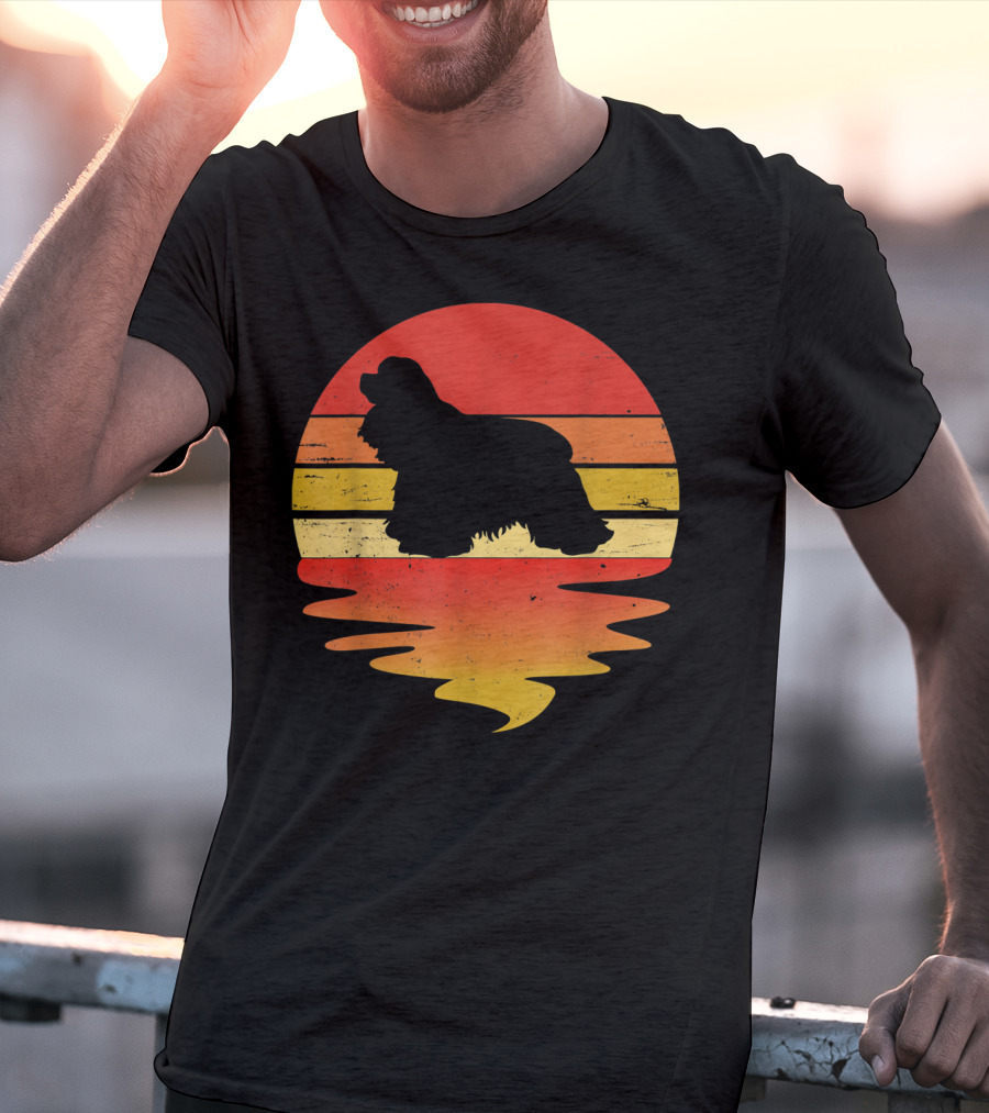 Retro Sunset Cocker Spaniel Silhouette Vintage 70s Style Dog Scene T-Shirt