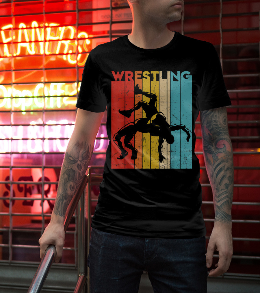 Wrestling Retro Vintage Silhouette Players On Colorful Stripes T-Shirt
