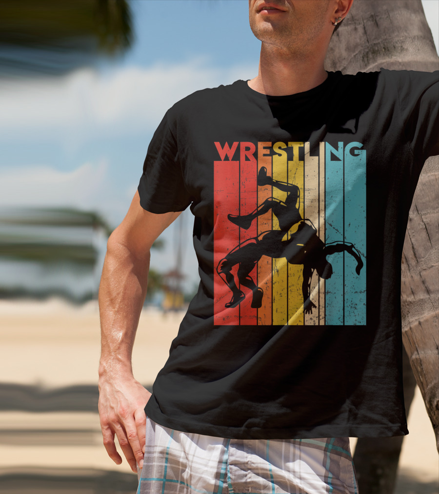 Wrestling Retro Vintage Silhouette Players On Colorful Stripes T-Shirt