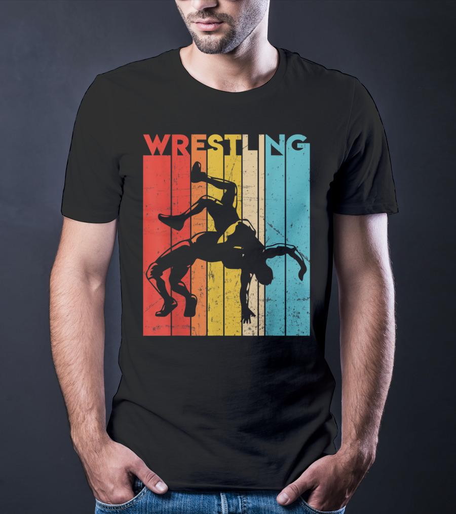 Wrestling Retro Vintage Silhouette Players On Colorful Stripes T-Shirt