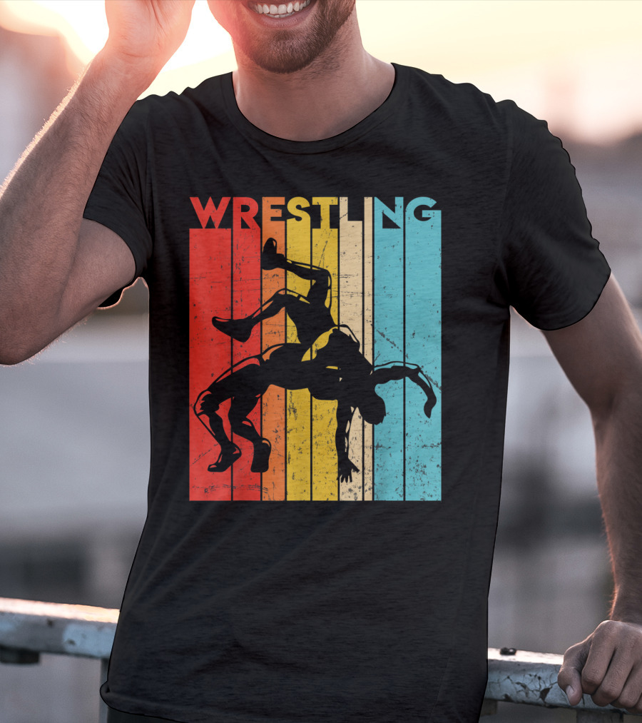 Wrestling Retro Vintage Silhouette Players On Colorful Stripes T-Shirt