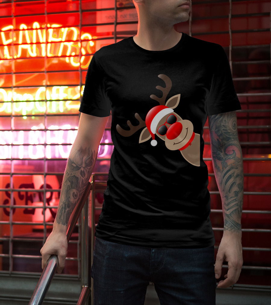 Rudolph Red Nose Reindeer Santa Hat Sunglasses T-Shirt