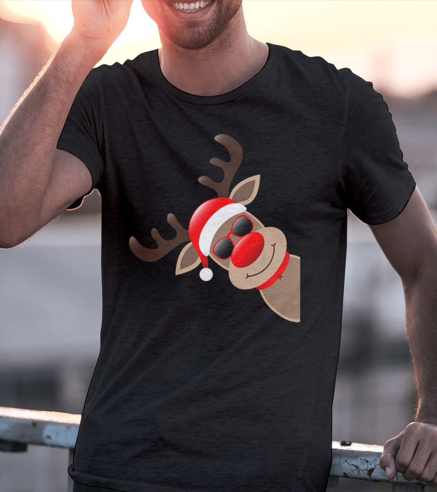 Rudolph Red Nose Reindeer Santa Hat Sunglasses T-Shirt