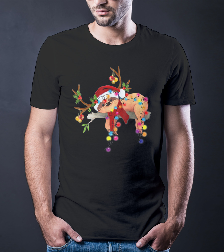 Santa Sloth Reindeer With Christmas Lights And Hat T-Shirt