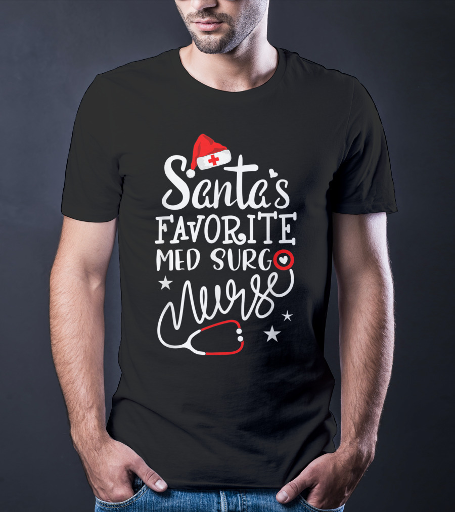 Santa's Favorite Med Surg Nurse Christmas Hat Stethoscope T-Shirt