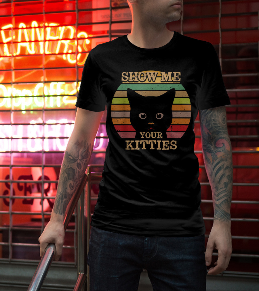 Show Me Your Kitties Retro Cat Lover Rainbow Stripes T-Shirt