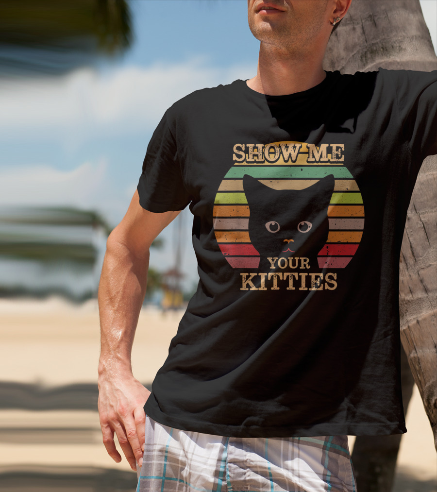 Show Me Your Kitties Retro Cat Lover Rainbow Stripes T-Shirt
