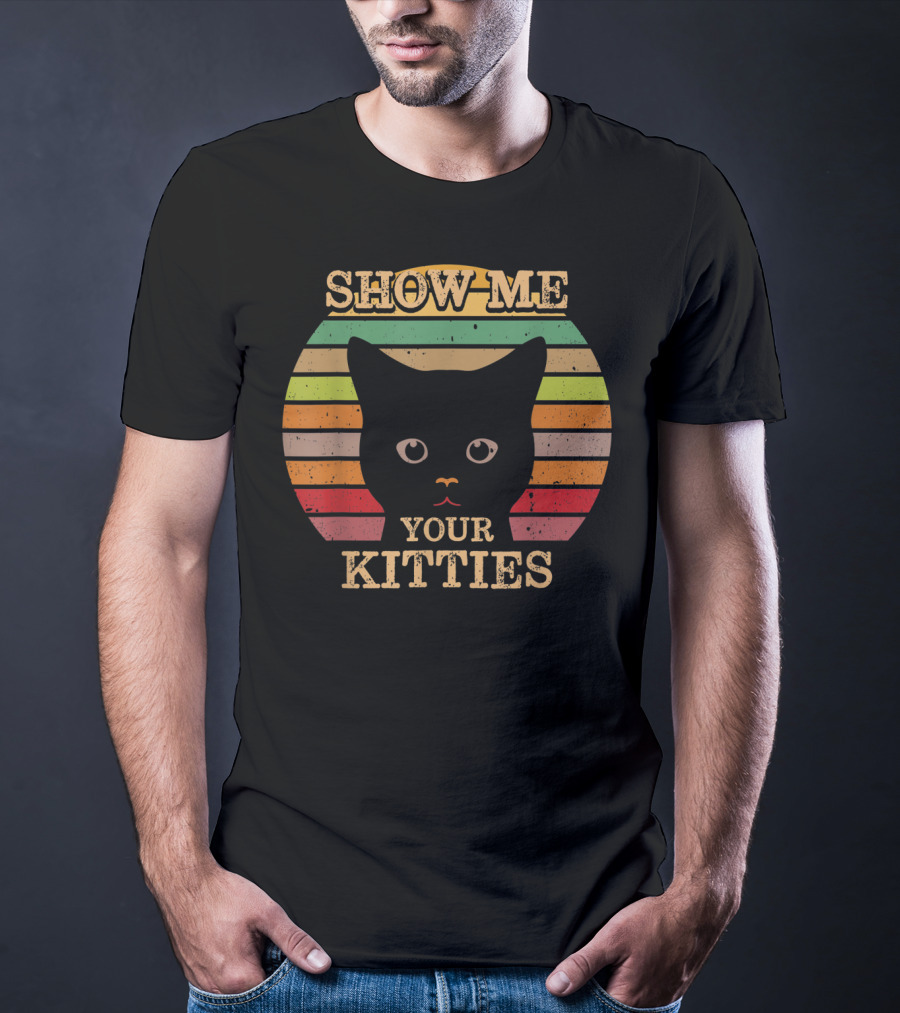 Show Me Your Kitties Retro Cat Lover Rainbow Stripes T-Shirt