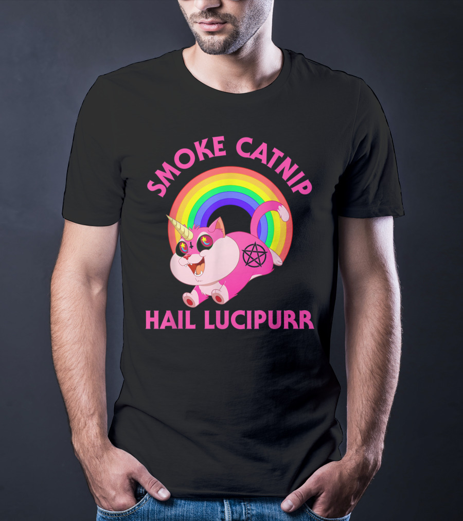 Smoke Catnip Hail Lucipurr Rainbow Unicorn Satanic Cat T-Shirt