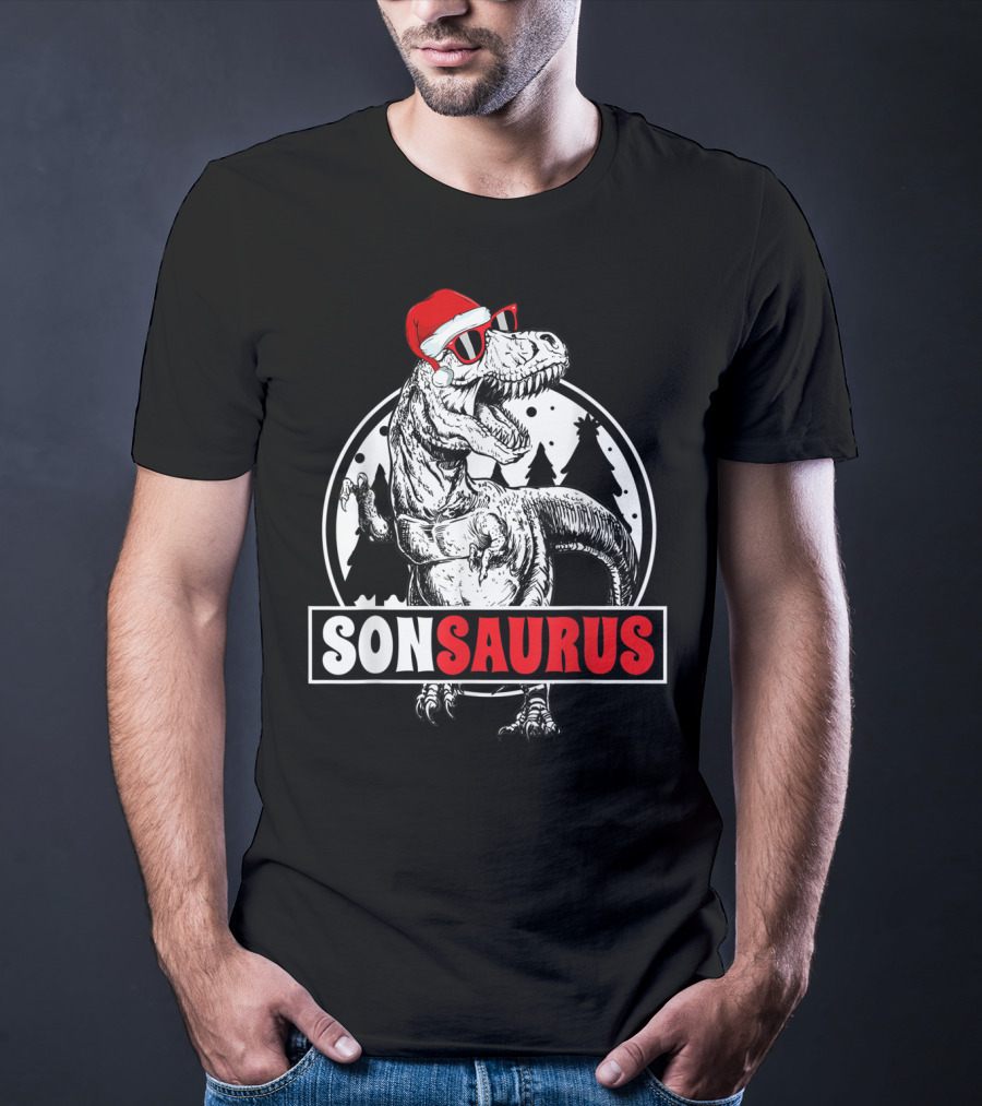 Sonsaurus Christmas Rex T-Rex Dinosaur Holiday Santa Hat T-Shirt