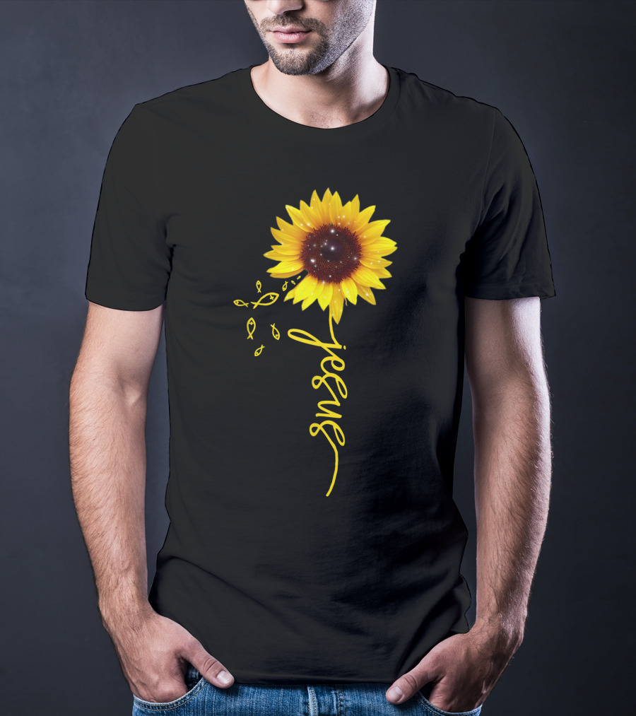 Sunflower Jesus Christian Faith Cross With Ichthys Symbols T-Shirt