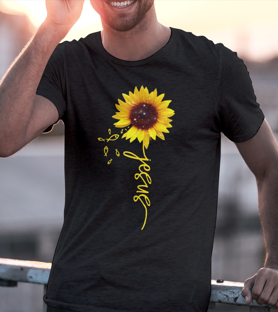 Sunflower Jesus Christian Faith Cross With Ichthys Symbols T-Shirt