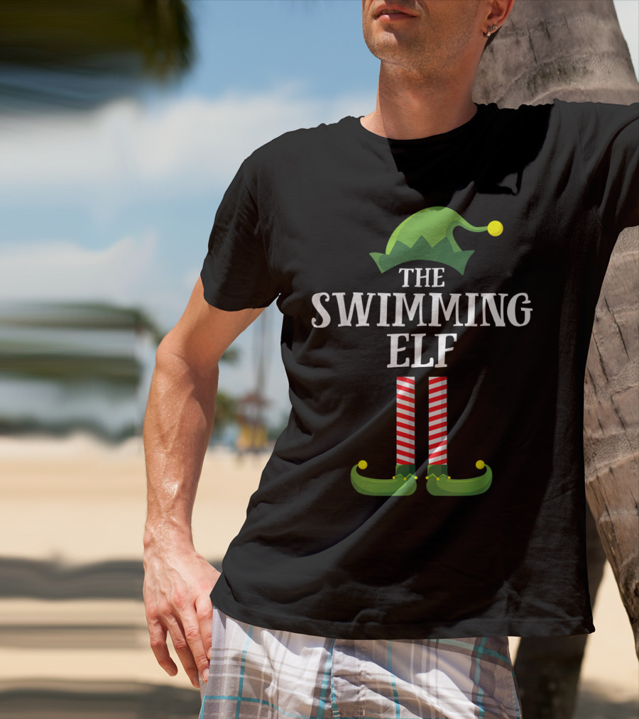 The Swimming Elf Matching Family Group Christmas Hat And Striped Stockings T-Shirt