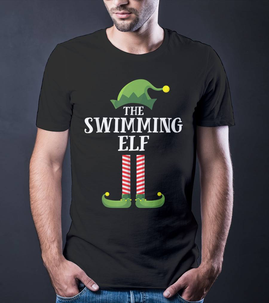 The Swimming Elf Matching Family Group Christmas Hat And Striped Stockings T-Shirt