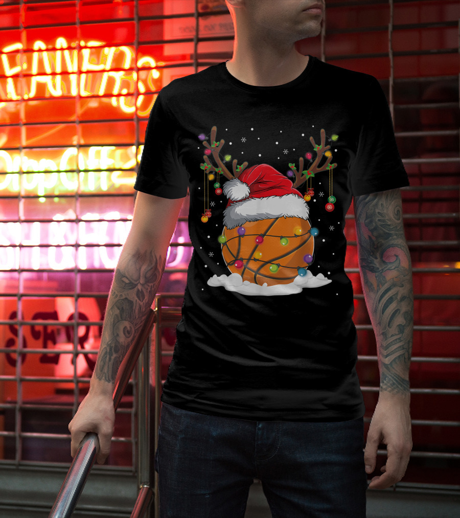 This Is My Christmas Basketball Player Santa Hat Reindeer Antlers Lights T-Shirt