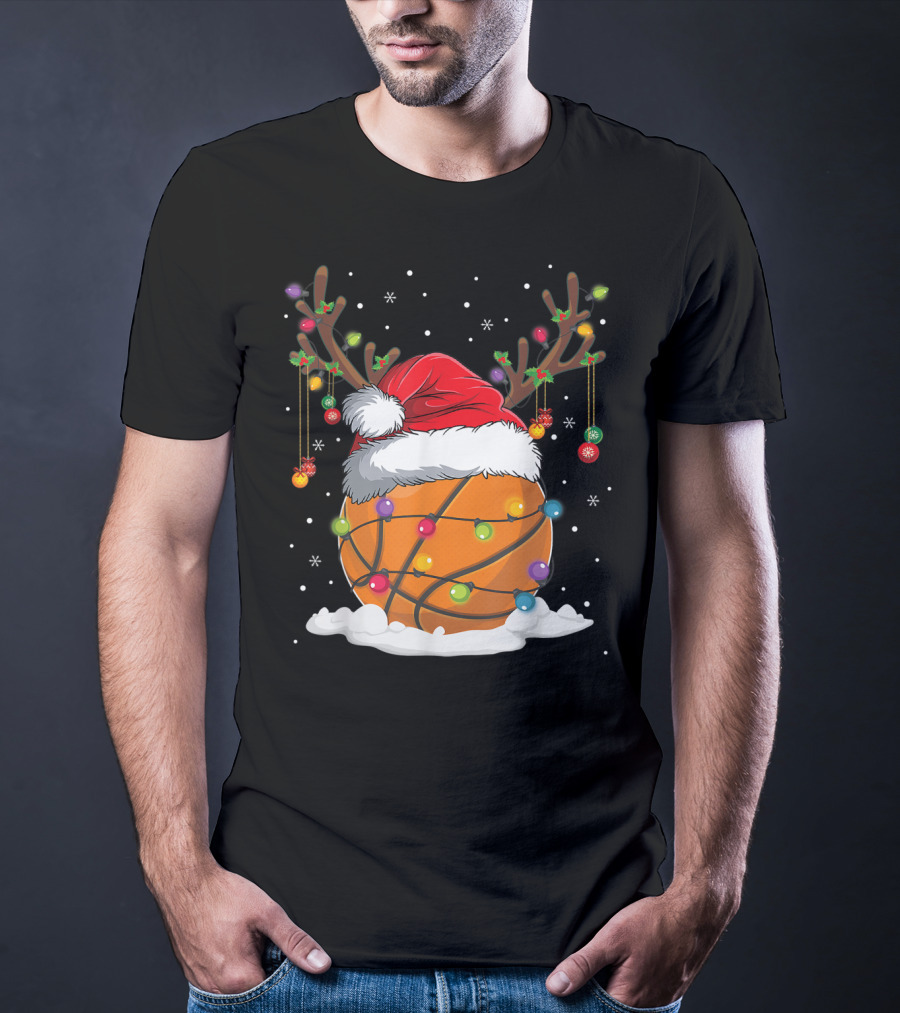 This Is My Christmas Basketball Player Santa Hat Reindeer Antlers Lights T-Shirt