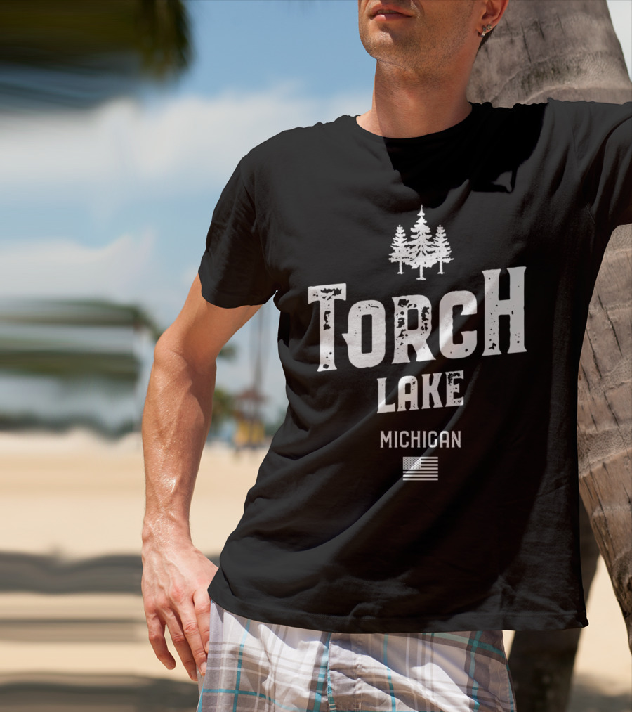 Torch Lake Michigan Trees And American Flag T-Shirt