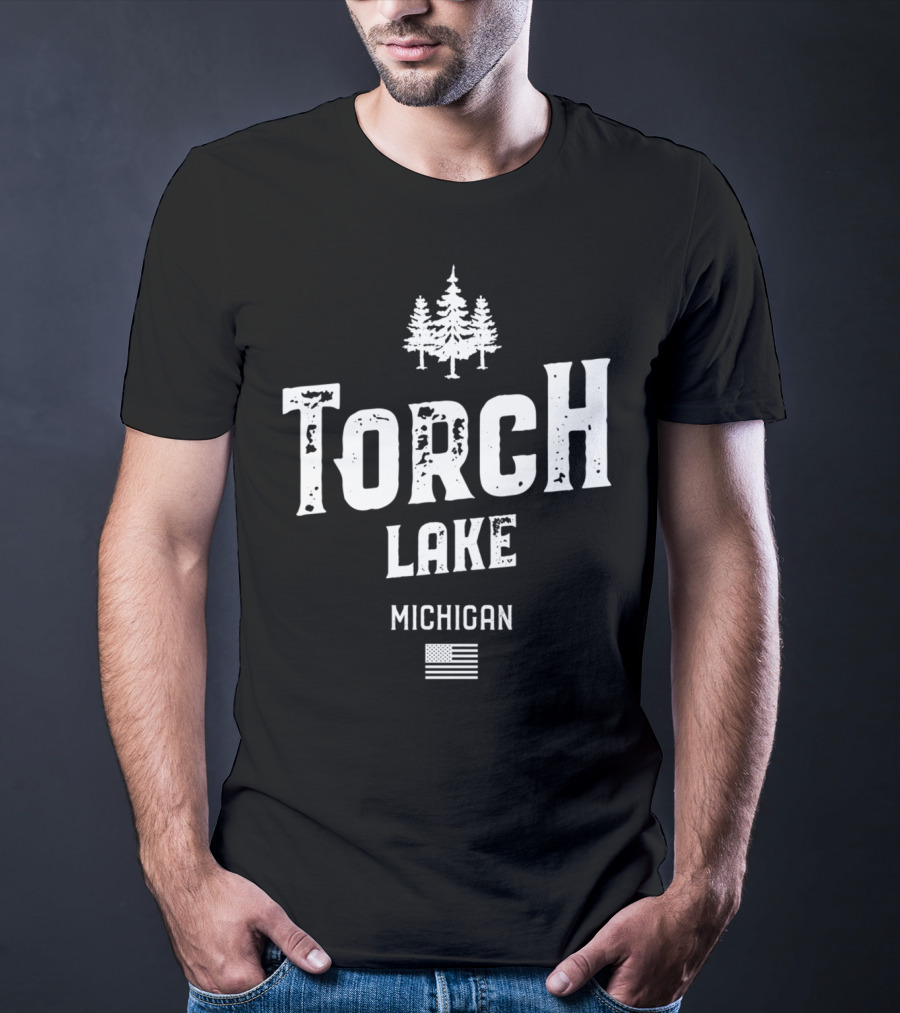 Torch Lake Michigan Trees And American Flag T-Shirt