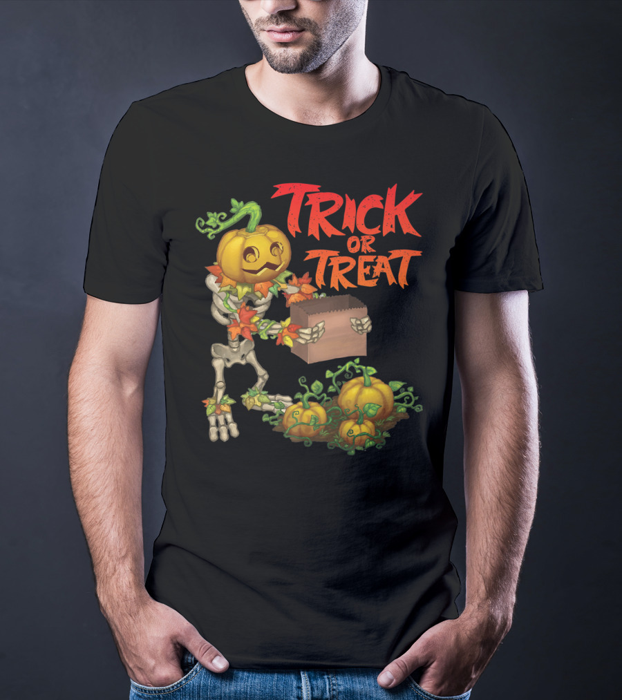 Trick Or Treat Punkleton Skeleton With Pumpkins And Candy Box T-Shirt